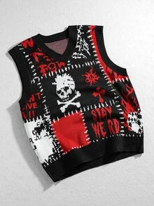 ROMWE MEN Men's V-Neck Dark Cool Skull Personalized Knit Vest - Multicolor - View 4