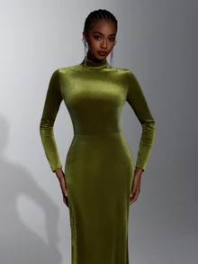 Elitara Elegant Olive Green Lace Velvet Stand Collar Long Sleeve Slit A-Line Bridesmaid Dress - Olive Green - View 2