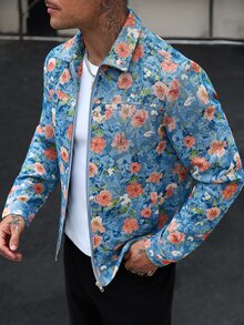 Manfinity CasualCool 2026新款男士新年聖誕萬聖節假期禮物休閒時尚設計極簡優雅百搭寬鬆藍色花卉圖案拉鍊長袖夾克 - 藍色 - 查看 5