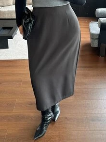Dazy Plus Solid Color Fun Commuter Straight Slit Skirt - Dark Grey - View 5