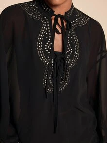 Travachic Women's Elegant Heavy Embellished Daily Commute Versatile Rhinestone Chiffon Semi-Sheer Long Sleeve Loose Blouse - Black - View 1