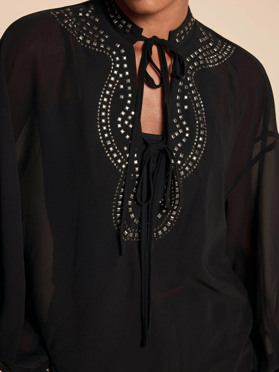 Travachic Women's Elegant Heavy Embellished Daily Commute Versatile Rhinestone Chiffon Semi-Sheer Long Sleeve Loose Blouse - Black - View 1