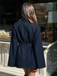 Aloruh Women's Raglan Long Sleeve Single-Breasted Casual Denim Jacket,A-Line Mini,Brunch Outfit,Halloween,Christmas,French Dark Blue Fall - Blue - View 3