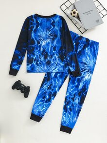 SHEIN 2件組兒童青少年男孩休閒日常舒適遊戲機印花圓領套頭睡衣上衣與長褲針織居家服修身套裝 - 彩色 - 查看 2