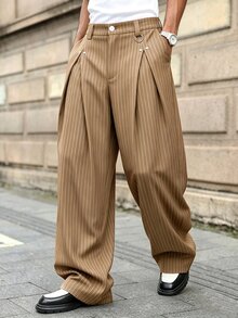 Major Grit Men's Young Street Style, INS Multi-Functional Item: Striped Khaki Loose Pleated Men's Long Pants, Best Choice For Holiday Gift - Khaki - View 1