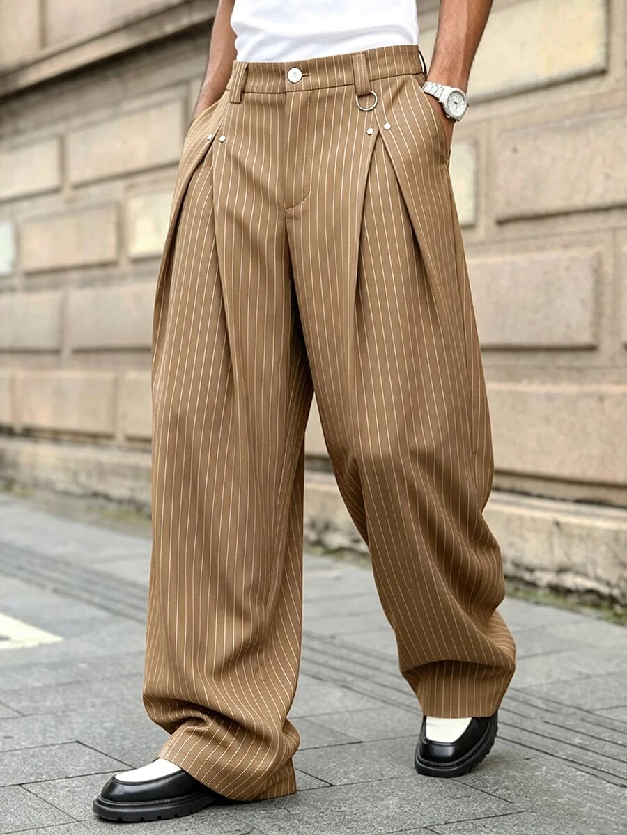 Major Grit Men's Young Street Style, INS Multi-Functional Item: Striped Khaki Loose Pleated Men's Long Pants, Best Choice For Holiday Gift - Khaki - View 1