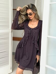 Serisse Women's Polka Dot Print Front Tie Long Sleeve Patchwork Ruffle Elegant Dress - Multicolor - View 3
