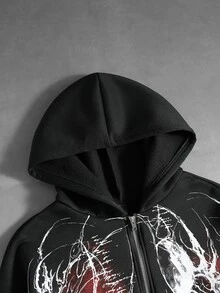 ROMWE MEN 男士深色哥德風蜈蚣印花寬鬆拉鍊連帽衛衣 - 黑色 - 查看 3