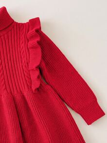 SHEIN 女嬰麻花荷葉邊時尚秋冬連身裙，適合週末外出 - 紅色 - 查看 4