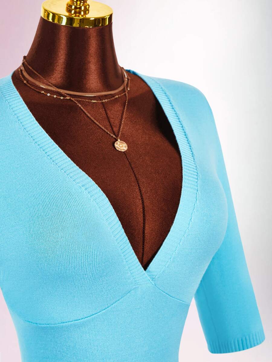 Amplova Women's V-Neck Blue Knit Dress - Blue - View 1
