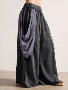 Bohemela 休閒針織拼色寬鬆寬腿水洗女款長褲 - 黑色 - 查看 6
