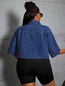 SHEIN CURVE+ Jaket Denim Lengan Pendek Biru Non-Stretch untuk Wanita Ukuran Plus Cowgirl Outfit - Dark Wash - View 2