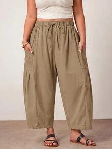 Enliva Plus Size Loose Fit Drawstring Casual Cropped Pants - Khaki - View 6