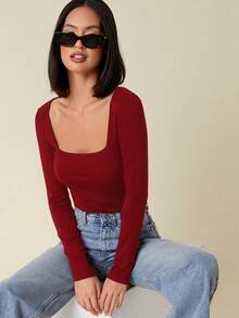 SHEIN BASICS 女款休閒純色方領修身短袖上衣 酒紅色 日常約會秋季穿搭 - 酒紅色 - 查看 5