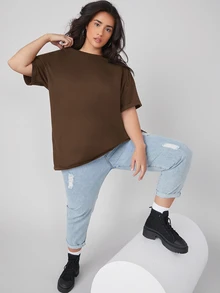 SHEIN BASICS 大尺碼捲袖口純色夏季上衣 - 咖啡棕 - 查看 4
