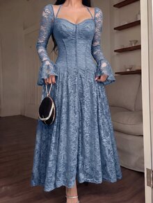 Feyla 女款甜心領喇叭袖優雅蕾絲中長洋裝 - 藍色 - 查看 5