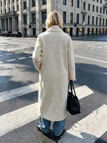 Struktiv Women's Autumn/Winter Fashion Long Solid Color H-Line Minimalist Double-Breasted Shoulder-Fit Wool Coat, Versatile For Date, Daily Commute, Party - Apricot - View 2