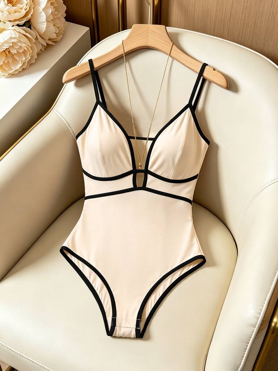 Franclia Knitted High Elasticity Spaghetti Strap Slim Fit Elegant Commute Women Plus Size Jumpsuit - Apricot - View 1