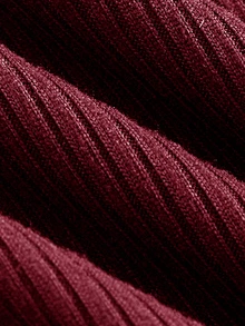 SHEIN BASICS 休閒純色針織圓領長袖修身女款T恤 日常穿搭 酒紅色 秋季 - 酒紅色 - 查看 4
