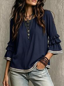 Glimmora Blus Wanita Musim Panas/Gugur Terbaru, Model French Casual, Longgar, Berkerut, Lengan 3/4 Mengembang, Warna Blok, Gaya Prancis, Lengan 3/4. - Navy Blue - View 7