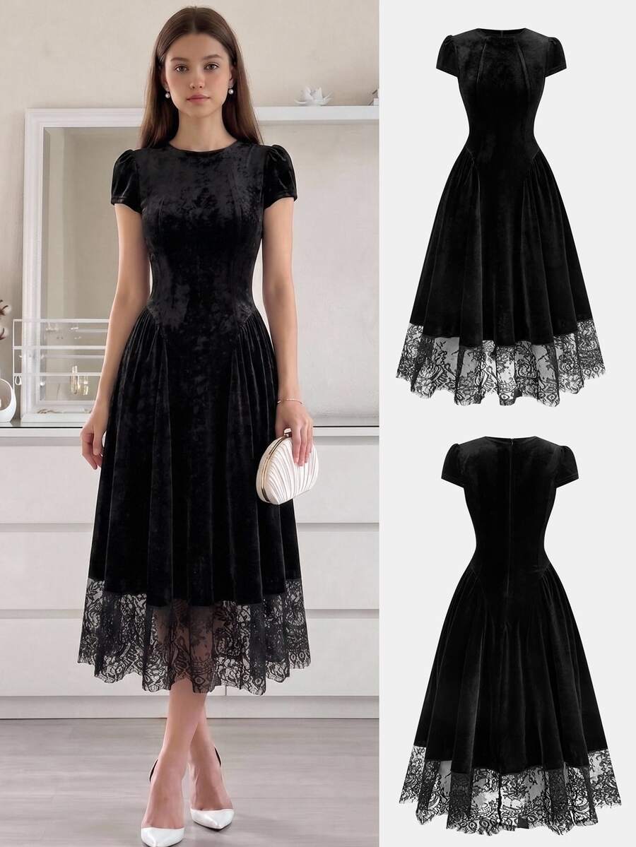 Girlism Teen Girls Elegant Black Velvet Hem Lace Patchwork Long Dress, Suitable For Daily Commute, Dining And Outfits - Black - View 1