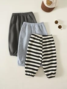 SHEIN 男嬰卡通熊印花鬆緊腰長褲3件套，百搭舒適 - 彩色 - 查看 2