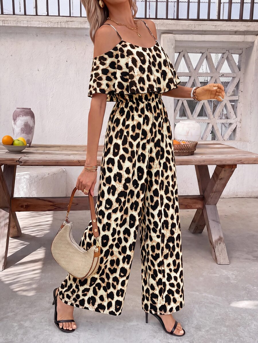 SHEIN Clasi Women's Leopard Print Ruffle Off-Shoulder Fashion Jumpsuit For Vacation - Multicolor - View 1