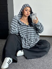 POPSWAY Autumn/Winter Versatile Casual Loose Slouchy Striped Colorblock Hooded Cardigan Sweater - Grey - View 3