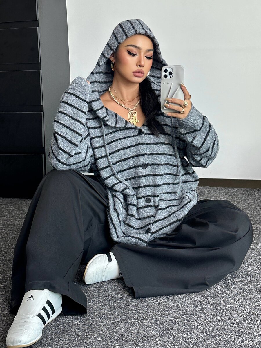 POPSWAY Autumn/Winter Versatile Casual Loose Slouchy Striped Colorblock Hooded Cardigan Sweater - Grey - View 1