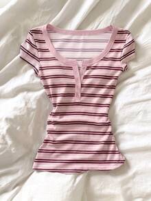 IslaSuriya Plus Size Women's Striped Button Half-Placket Short Sleeve Casual T-Shirt - Pink - View 1
