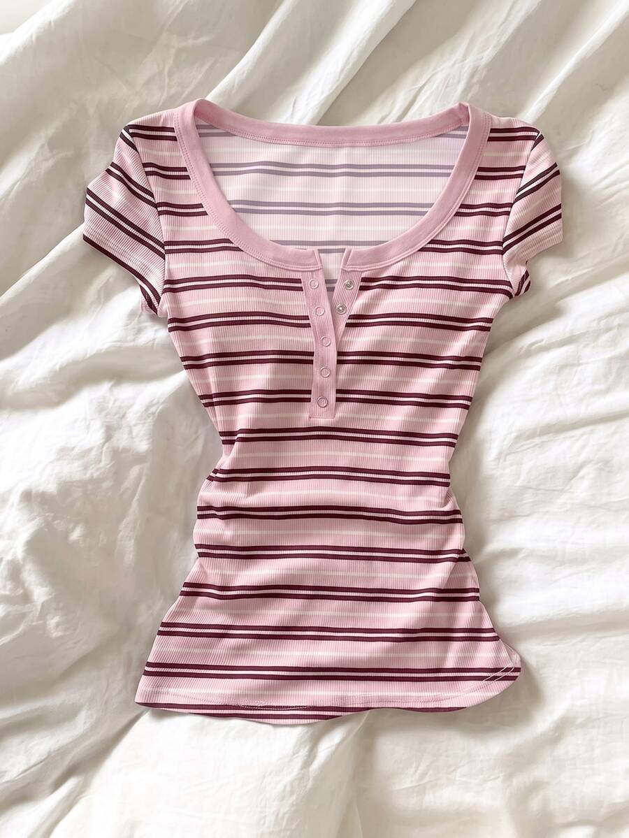 IslaSuriya Plus Size Women's Striped Button Half-Placket Short Sleeve Casual T-Shirt - Pink - View 1
