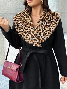 Easura Casual Fashion Urban Commute Leopard Print Patchwork Plus Size Women's Wool - Dark Grey - View 5