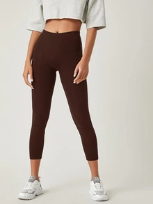 SHEIN BASICS 女款純色透氣七分緊身褲 夏季健身運動休閒穿搭 深棕色 - 棕色 - 查看 5