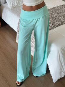 CovetEZ Mint Green Wide Leg Cuffed Pants, Suitable For Daily Summer Casual Wear, Suitable For Commuting, Gathering, Autumn/Winter/Spring/Summer, Christmas, New Year, Thanksgiving, Party, Wedding - Mint Green - View 4
