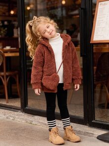 Elladie kids 女童連帽拉鍊泰迪絨夾克附愛心斜背包，長袖羊羔絨上衣，甜美秋冬兒童外套，適合日常戶外穿著 - 卡其色 - 查看 3