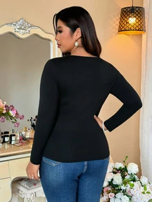 Vionelle Plus Size Rhinestone Fashion French Long Sleeve T-Shirt - Black - View 2