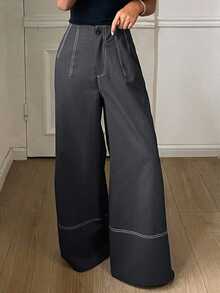 Livesso Women's Colorblock Casual Versatile Daily Wear Wide Leg Long Pants Fall - Navy Blue - View 3