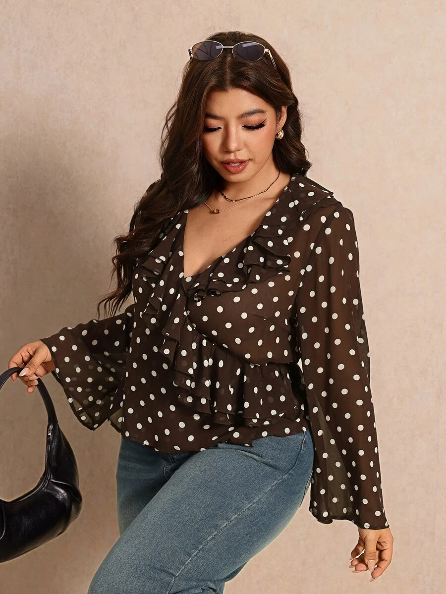 Elaquor Plus Size Women's Polka Dot Pattern Ruffle Collar Long Sleeve Fashion Blouse - Coffee Brown - View 1
