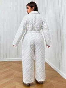SHEIN EZwear Plus Size Women's Zipper Front Long Sleeve Casual Jumpsuit, Autumn/Winter - White - View 2