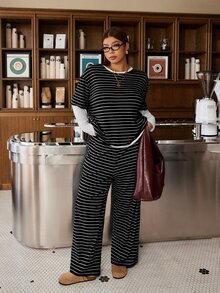 Muchica Plus-Size Black And White Striped Layered T-Shirt And Trouser Set Is Casual And Versatile, Suitable For Home Relaxation In Autumn And Winter. - Black and White - View 1