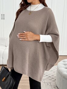SHEIN Maternity Solid Color Boat Neck Batwing Sleeve Loose Casual Sweater - Khaki - View 5