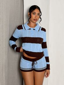 Glamine Setelan 2 Potong Sweater Kancing Setengah Plaket Bergaris 2026 + Celana Pendek Pinggang Serut - MultiWarna - View 3