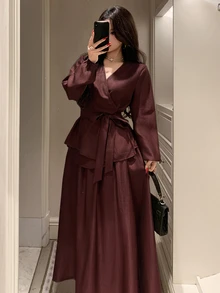 Dazy Tall Women's V-Neck Waist-Cinching Blouse And Long Skirt 2 Pieces Set Fall - Burgundy - View 3