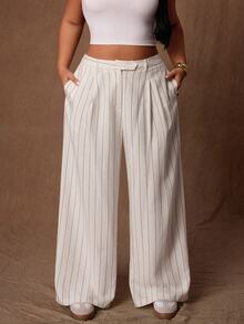Rustia Plus Size Commuter Street Mid-Waist Custom Linen Pleated Wide Leg Suit Pants, Single Button Waist, Draped Cropped Lyocell Striped Fabric Straight Leg Casual Trousers - White - View 1