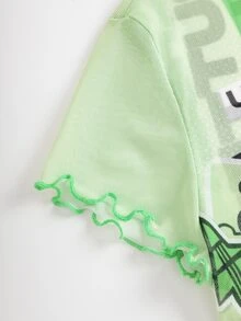 THE POWERPUFF GIRLS X SHEIN Women's Cartoon Print Top With Frill Trim - Green - View 4