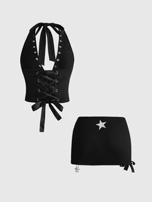 ROMWE Grunge Punk Set 2 Potong untuk Wanita Ukuran Plus: Atasan Tank Top Model Halter Neck Pendek dengan Motif Bintang Punk dan Rok Mini Pinggang Sangat Rendah - Hitam - View 2