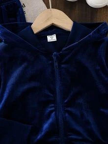 SHEIN Vintaside Kids 女童天鵝絨連帽長袖外套與長褲套裝，適合秋冬，時尚百搭，穿著舒適 - 藏蓝色 - 查看 3