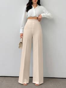 SHEIN Plus Size Women's Solid Color Casual Woven Wide Leg Pants - Beige - View 5