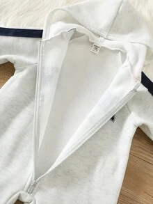 SHEIN 男嬰字母圖案針織軟綿連帽長袖秋冬連身衣，百搭舒適 - 灰色 - 查看 5