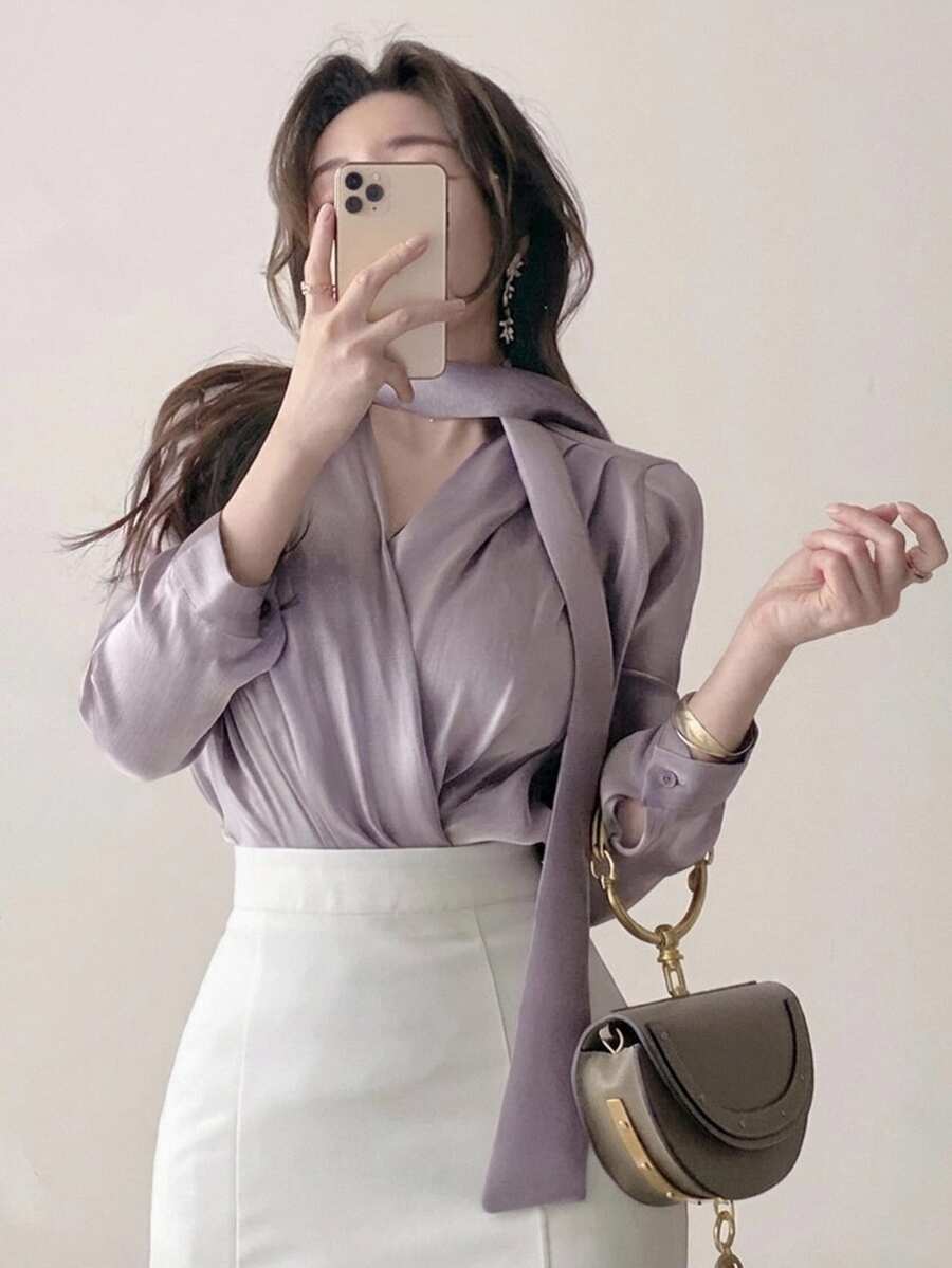 DAZY 女款寬鬆休閒百搭立領拉鍊運動衫,長袖,淺灰紫色抓皺布料,秋季款 - 紫色 - 查看 1